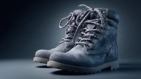 A close-up view of stylish gray hiking boots featuring intricate laces and a textured design, perfect for outdoor and adventure enthusiasts, showcased in a moody setting.の素材