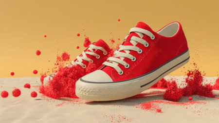 This vibrant stock photo features stylish red sneakers on a sandy surface, surrounded by colorful dust for a lively and playful effect. Perfect for fashion and lifestyle themes.の素材