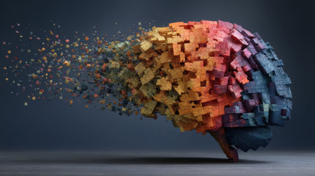 This abstract image features a brain composed of colorful fragmented blocks, representing creativity and innovative thought processes in a dynamic visual style.の素材