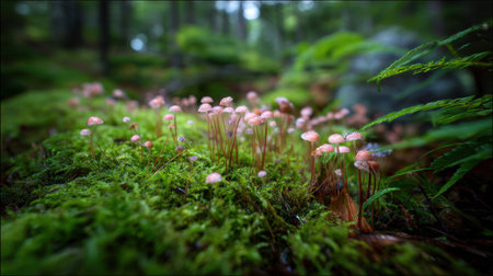 Discover a tranquil scene of delicate mushrooms thriving on lush green moss, illuminated by soft sunlight filtering through trees. Experience nature's beauty.の素材