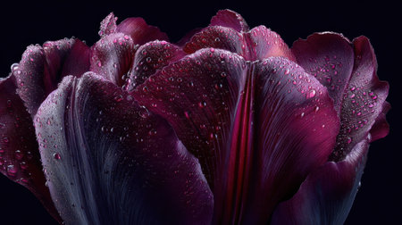 Detailed close-up image of purple tulip petals adorned with water droplets, showcasing the beauty of nature against a dark background.の素材