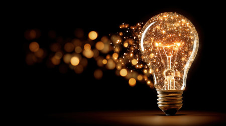 A mesmerizing light bulb radiates sparkles and bright bokeh in a dark background, symbolizing innovation and creativity in design.の素材