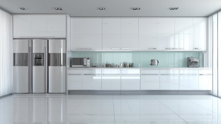 A bright and airy modern kitchen showcasing sleek cabinetry and stainless steel appliances, ideal for inspiring culinary creativity and elegant home decor.の素材