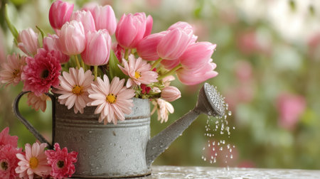 A stunning arrangement of pink tulips and daisies displayed in a vintage watering can captures the essence of spring in a gentle garden atmosphere.の素材