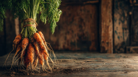 A bunch of freshly harvested carrots with vivid green tops resting on a rustic wooden surface, capturing the beauty of nature and farm freshness.の素材