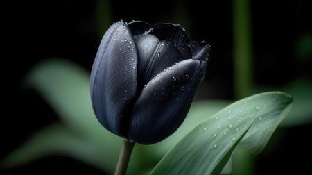 A stunning close-up of a black tulip showcasing delicate dew drops, set against a dark background, perfect for floral and nature themes.の素材