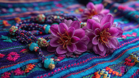A close-up shot of vibrant purple flowers arranged on a beautifully patterned textile background highlighting intricate artisan craftsmanship and colors.の素材