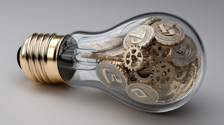 This artistic representation features a light bulb filled with detailed gears and coins, symbolizing the blend of creativity and financial innovation in modern design.の素材