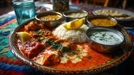 This vibrant image showcases a beautifully arranged plate of Indian curry, accompanied by rice, naan, and a variety of condiments, bursting with flavor.の素材