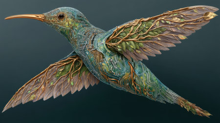 This captivating sculpture features a hummingbird designed with intricate details, merging nature with technology in vibrant hues.の素材