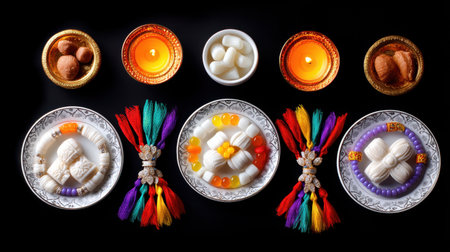 A vibrant and colorful arrangement showcasing traditional Indian sweets, decorative candles, and festive threads, creating a joyous atmosphere.の素材