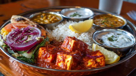 Experience a vibrant Indian cuisine platter featuring rich paneer, fragrant rice, lentils, warm bread, and fresh vegetables, perfect for a feast.の素材