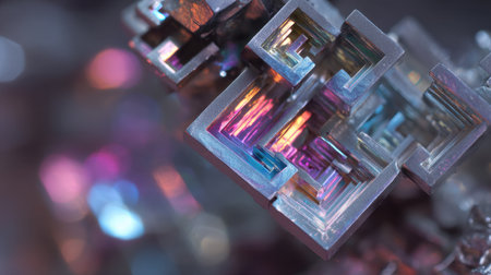 This captivating image showcases colorful bismuth crystals, displaying unique geometric patterns and iridescent surfaces that reflect light beautifully.の素材