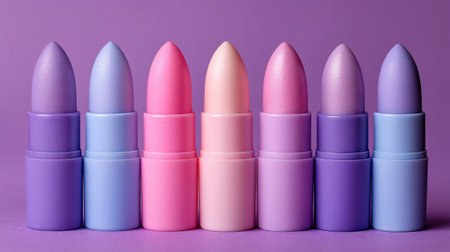 A stunning display of eight pastel lipsticks arranged beautifully on a purple background, showcasing the vibrant colors and textures of modern cosmetics.の素材