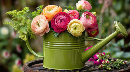 A stunning arrangement of colorful ranunculus flowers in a bright green watering can, set against a lush garden backdrop that adds charm and serenity.の素材
