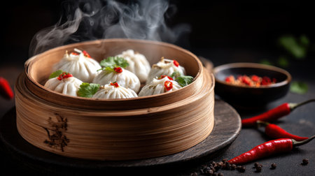This image showcases a beautifully arranged bamboo steamer filled with steaming dumplings, garnished with chili and fresh herbs. The rich colors and steam create an inviting atmosphere, perfect for any food lover or culinary enthusiast.の素材