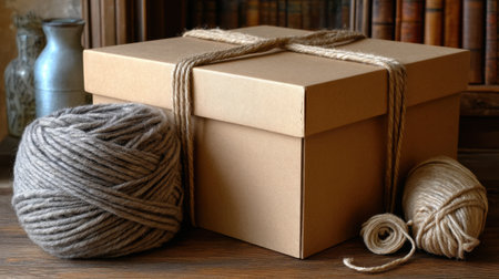 An inviting still life featuring a gift box tied with twine and soft yarn balls in warm tones, perfect for crafting and decor inspiration.の素材