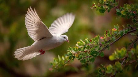 A stunning close-up image of a white bird gracefully flying near vibrant green leaves on a branch, capturing the essence of nature.の素材