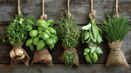 A beautiful display of fresh culinary herbs hanging in burlap sacks against a wooden backdrop, perfect for enhancing food preparation and decoration in a kitchen.の素材