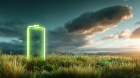 A glowing green battery symbol stands on lush grass under a dramatic sky, representing the harmony between technology and nature, promoting renewable energy and sustainability.の素材