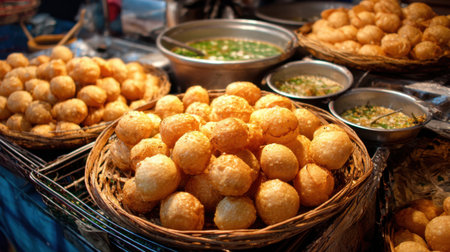 Experience the vibrant essence of street food with freshly fried snacks displayed in woven baskets, showcasing crispy, golden delights perfect for culinary enthusiasts.の素材