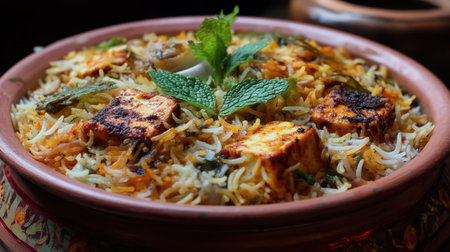 This vibrant paneer biryani features fragrant rice layered with spices and garnished with fresh mint, served in a traditional pot. Perfect for any occasion.の素材