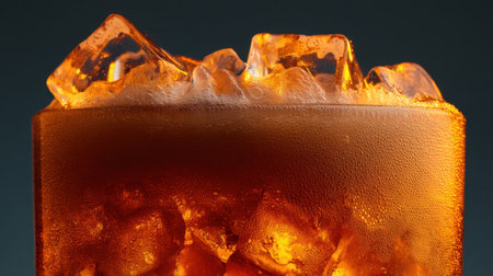 Close-up of a refreshing beverage filled with ice cubes, showcasing the condensation on the glass. Perfect for summer vibes.の素材