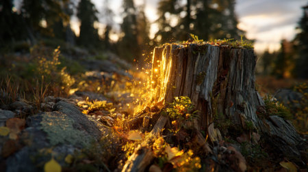A stunning view of a glowing tree stump in a tranquil forest during golden hour, surrounded by lush greenery and soft sunlight.の素材