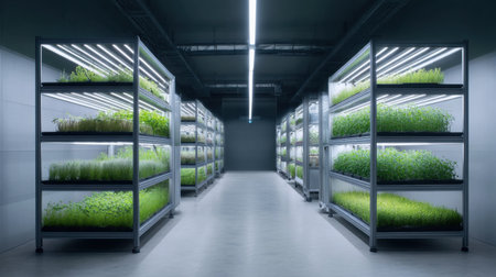 Explore a modern indoor vertical farm featuring neatly arranged shelves of vibrant green plants under efficient artificial lighting, emphasizing sustainable agriculture and innovation.の素材