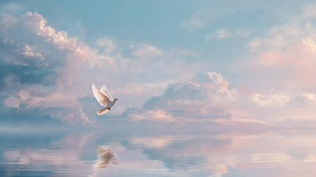 A stunning image of a white dove flying gracefully over tranquil waters, reflecting soft pastel clouds in the serene sky, evoking feelings of peace and hope.の素材