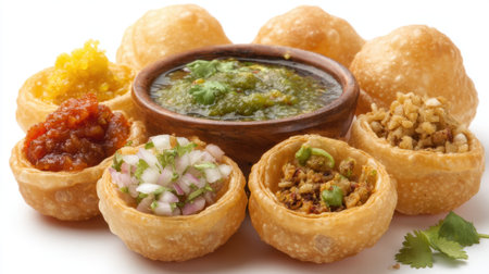 Explore a vibrant variety of Indian street food featuring puffed puris filled with spicy fillings and served with tangy dips, perfect for food lovers.の素材