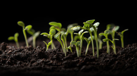 Vibrant green seedlings emerge from dark soil, showcasing their delicate structure under soft light, symbolizing growth and renewal in nature.の素材
