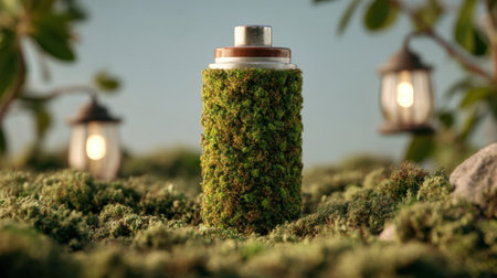 This image showcases an eco-friendly battery covered in lush green moss, symbolizing sustainability and renewable energy in a serene nature setting.の素材