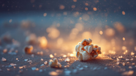 A captivating close-up image of popcorn sprinkled with salt, showcased against a dreamy backdrop with bokeh lights. Perfect for food-related themes.の素材