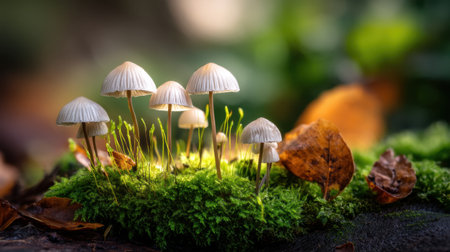 A serene scene showcasing delicate white mushrooms emerging from vibrant green moss. Soft natural light enhances the tranquil forest atmosphere, creating a peaceful depiction of nature's beauty.の素材