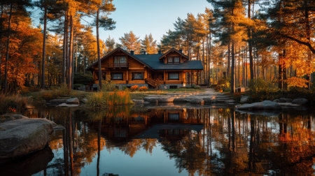A charming wooden house sits amidst vibrant autumn foliage, reflecting perfectly in a tranquil pond, creating a stunning serene landscape.の素材