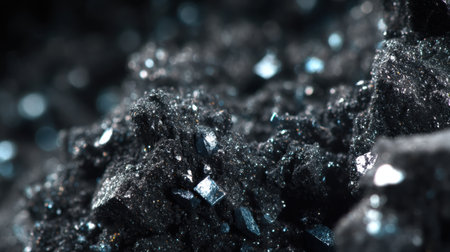 This close-up image captures the intricate textures of black minerals featuring brilliant crystalline structures, highlighting their natural beauty.の素材
