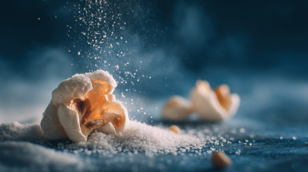 A striking close-up of popcorn being sprinkled with sugar on a blue background, showcasing textures and colors in food photography.の素材
