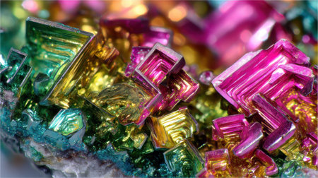 Discover the stunning beauty of vibrant mineral crystals showcasing an array of colors and intricate geometric shapes in a close-up macro shot.の素材