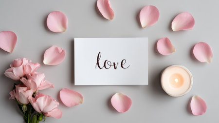 Explore a romantic scene featuring a handwritten love note surrounded by delicate pink petals, soft flowers, and a glowing candle for any special occasion.の素材
