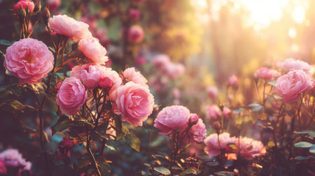 A stunning display of pink roses in full bloom, illuminated by soft sunlight, creating a serene and beautiful garden scene perfect for nature lovers.の素材