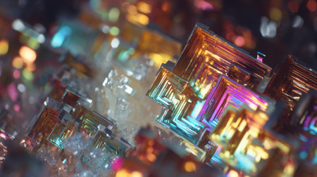 Explore a mesmerizing arrangement of colorful crystal structures that reflect light in an abstract, dreamlike environment filled with intricate geometric patterns.の素材