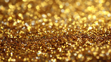 A mesmerizing close-up of sparkling golden glitter creates a stunning shimmering background for festive and glamorous design projects.の素材
