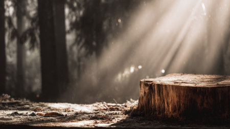 A tranquil forest scene featuring a tree stump bathed in soft sunlight, surrounded by gentle shadows and fallen leaves, embodying nature's beauty.の素材
