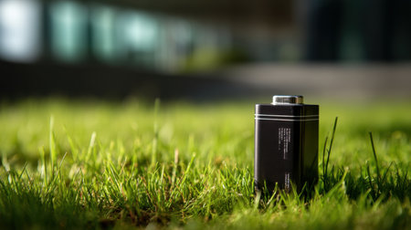 A vintage battery positioned on a lush patch of green grass, showcasing a blend of technology and nature in bright outdoor light.の素材