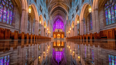 Explore the elegance of a grand Gothic church interior featuring breathtaking stained glass windows, a reflective floor, and exquisite lighting effects.の素材
