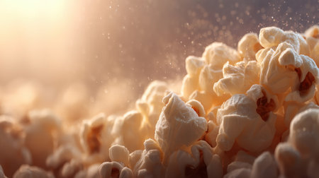 A captivating close-up image showcasing fluffy popcorn kernels with gentle light reflecting off their surface, perfect for snack and food themes.の素材