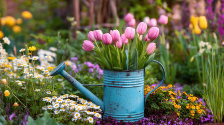 A charming scene featuring a vintage turquoise watering can overflowing with pink tulips, nestled among an array of colorful flowers in a flourishing garden.の素材