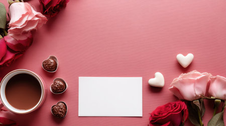 Capture the essence of romance with this lovely flat lay featuring coffee, heart-shaped chocolates, and beautiful roses on a soft pink surface.の素材