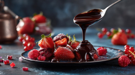 A delectable arrangement of fresh strawberries and raspberries drizzled with luscious dark chocolate on a blue plate, perfect for dessert lovers seeking indulgence and flavor.の素材